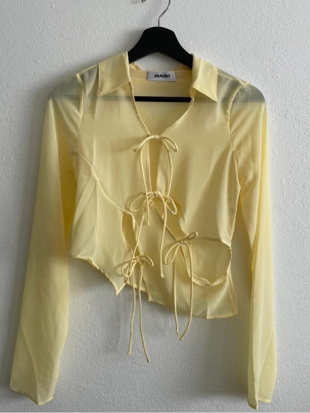 Danielle Guizio Pale Yellow Sheer Tie-Front Long Sleeve Blouse